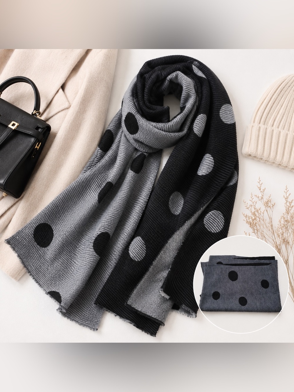 Zara Oversized Reversible Black Grey Polka Dot Scarf